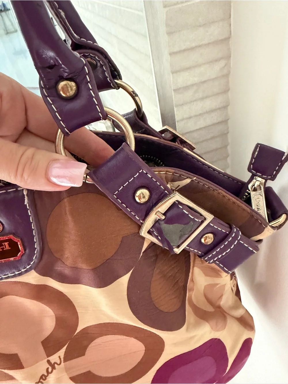 Coach Purple and Brown Signature Pattern Shoulder Bag